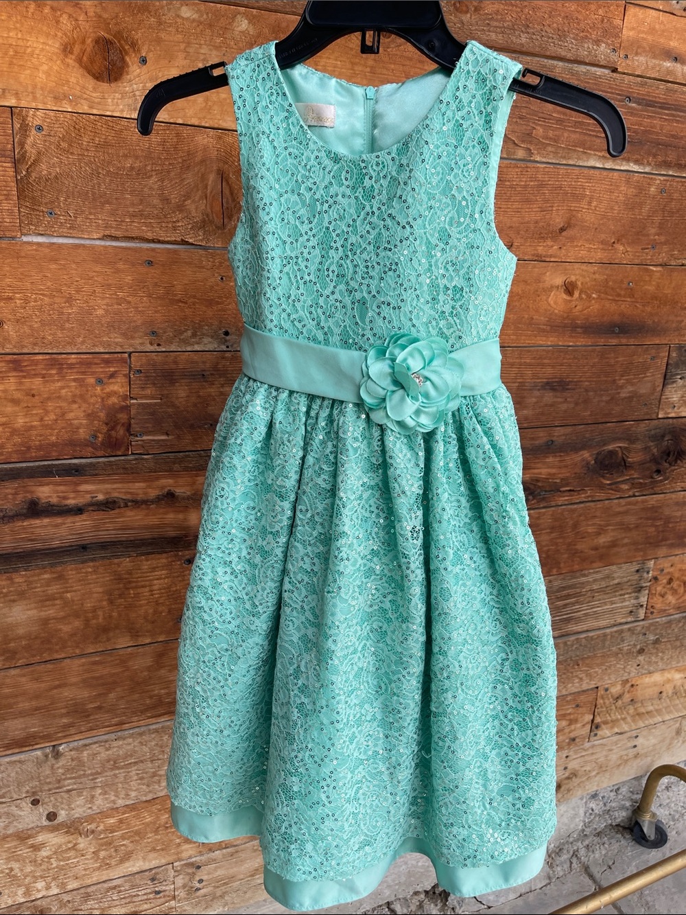 American Princess Girls Size 7 Aqua Mint Lace Sequin Formal Party Dress Flower B